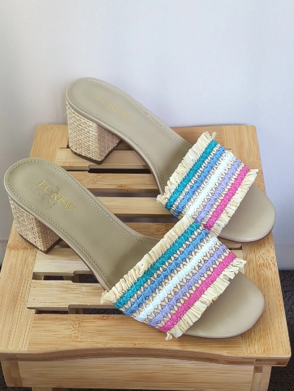 J. Crew Beige Raffia Slide Sandals with Blue, Pink & Turquoise Stripes